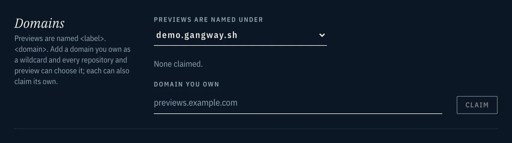 Domains in Admin → Domains & traffic: a choice of domain for preview names, and a field to claim a domain you own.