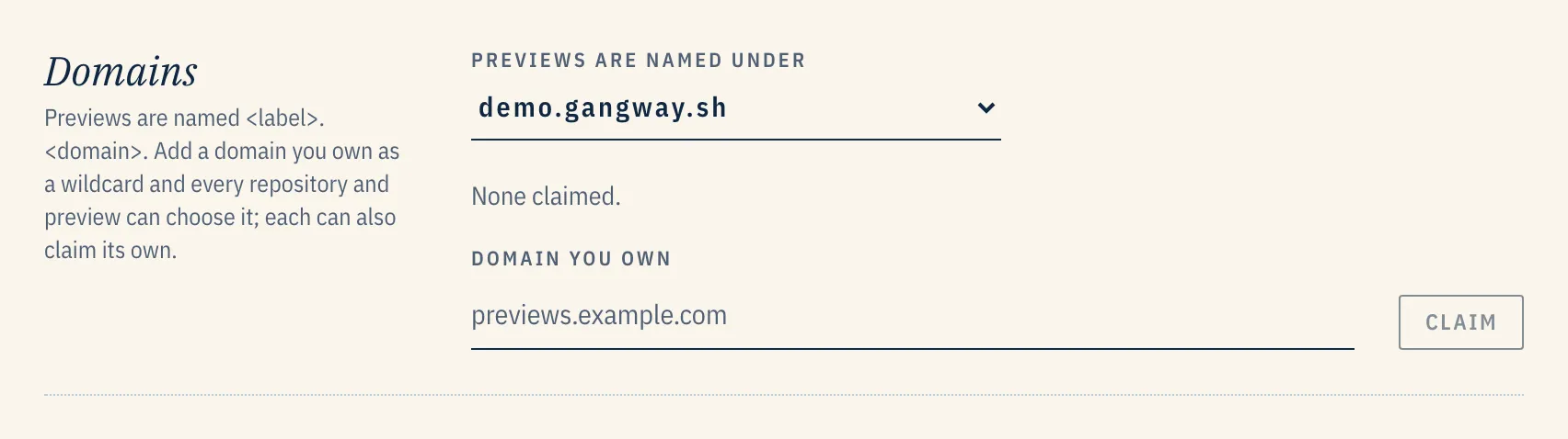 Domains in Admin → Domains & traffic: a choice of domain for preview names, and a field to claim a domain you own.
