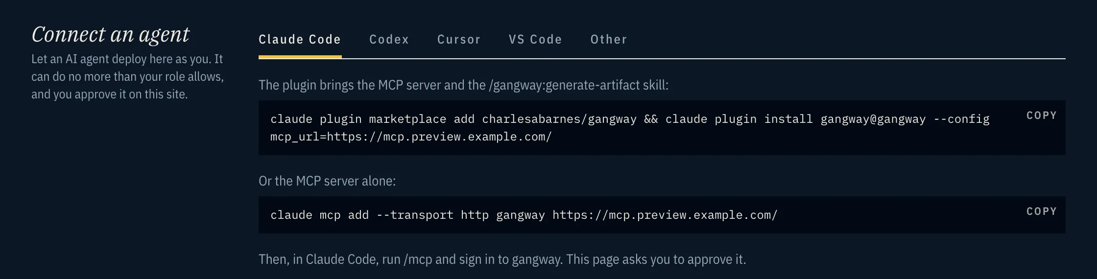Account → Connect an agent, on the Claude Code tab: the plugin install command and the plain MCP command, each with a Copy button.