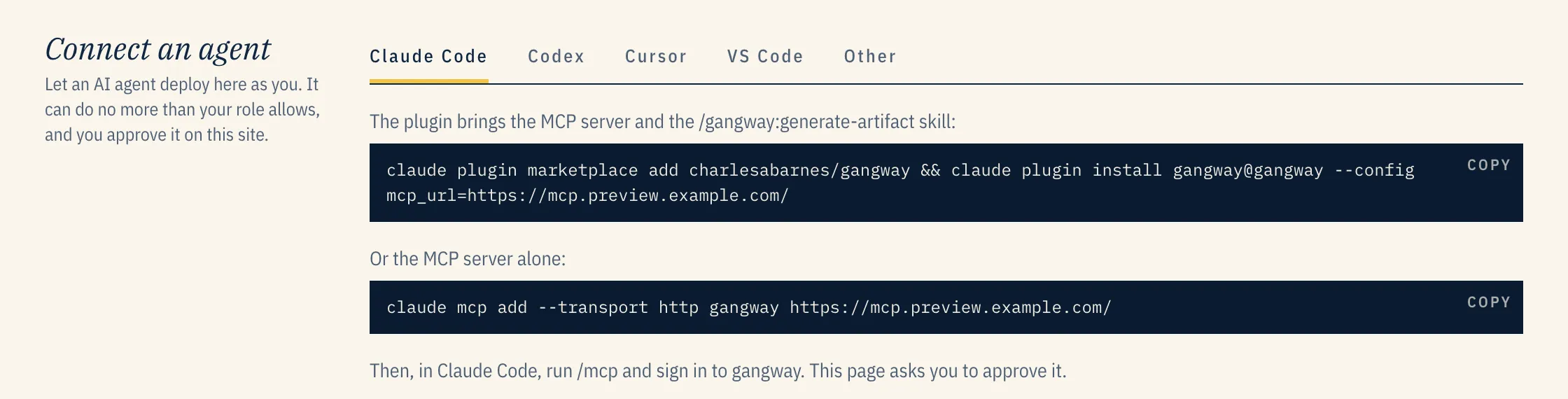 Account → Connect an agent, on the Claude Code tab: the plugin install command and the plain MCP command, each with a Copy button.