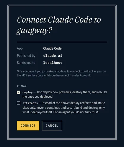 gangway asking: Connect Claude Code to gangway? It lists the app, who published it, where it sends you, and checkboxes for the scopes.