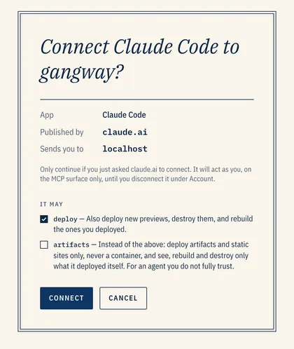 gangway asking: Connect Claude Code to gangway? It lists the app, who published it, where it sends you, and checkboxes for the scopes.