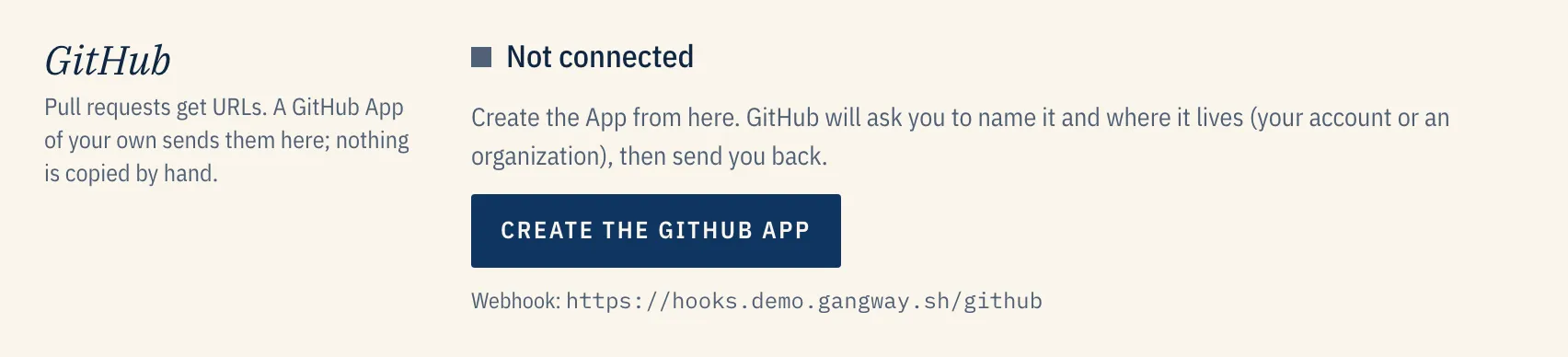Admin → GitHub, not connected: a Create the GitHub App button and the webhook URL.