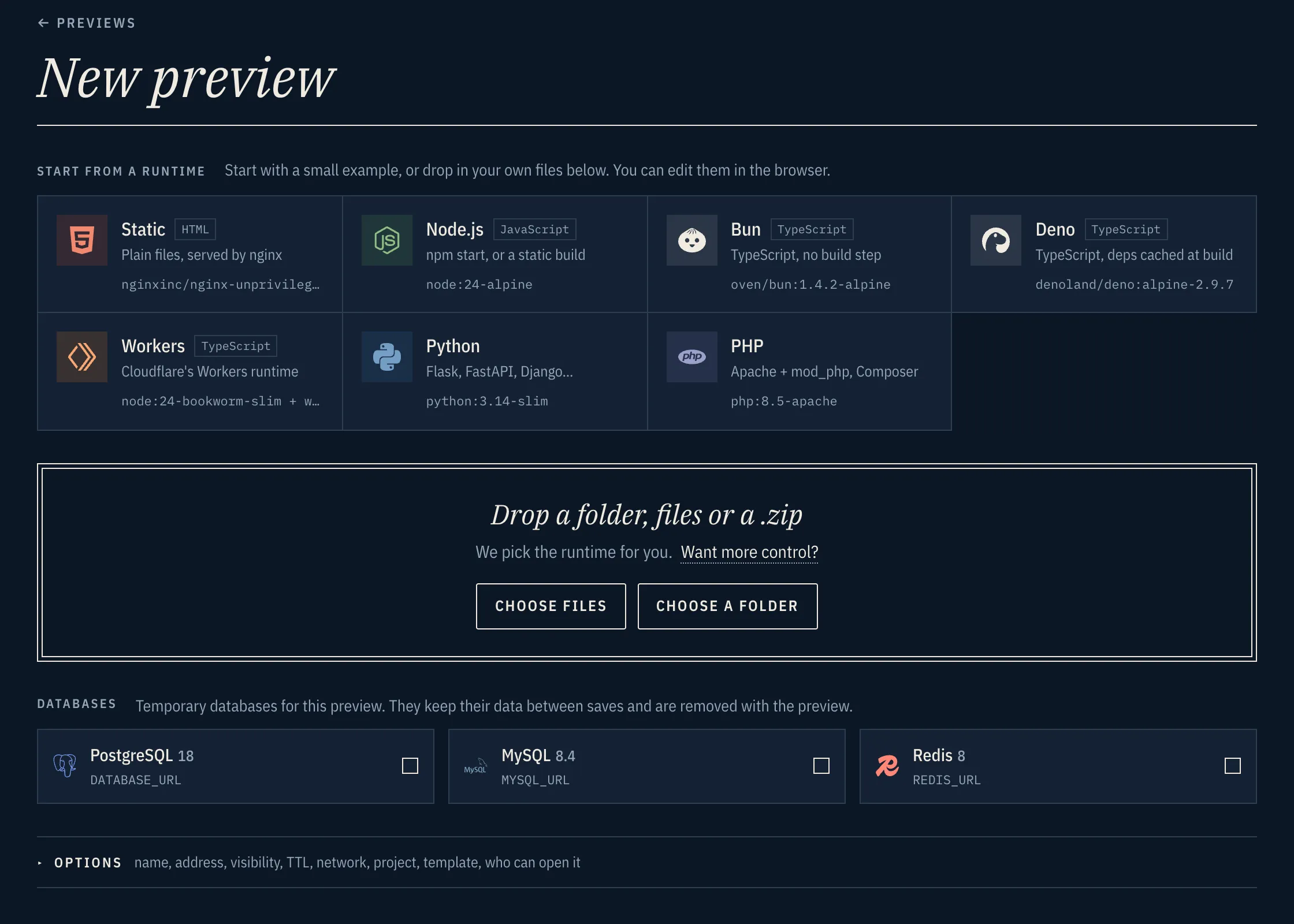 The New preview page: runtime starters, a drop zone for a folder, files or a .zip, and Postgres, MySQL and Redis add-ons.