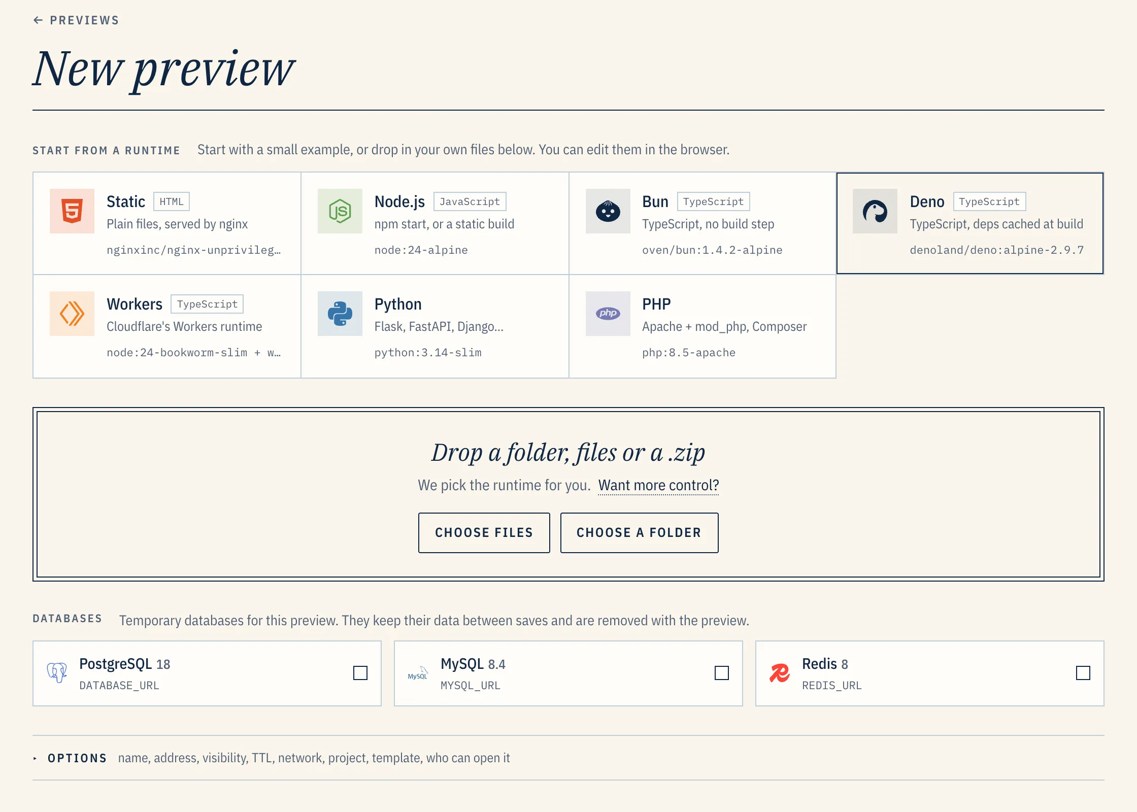 The New preview page: runtime starters, a drop zone for a folder, files or a .zip, and Postgres, MySQL and Redis add-ons.