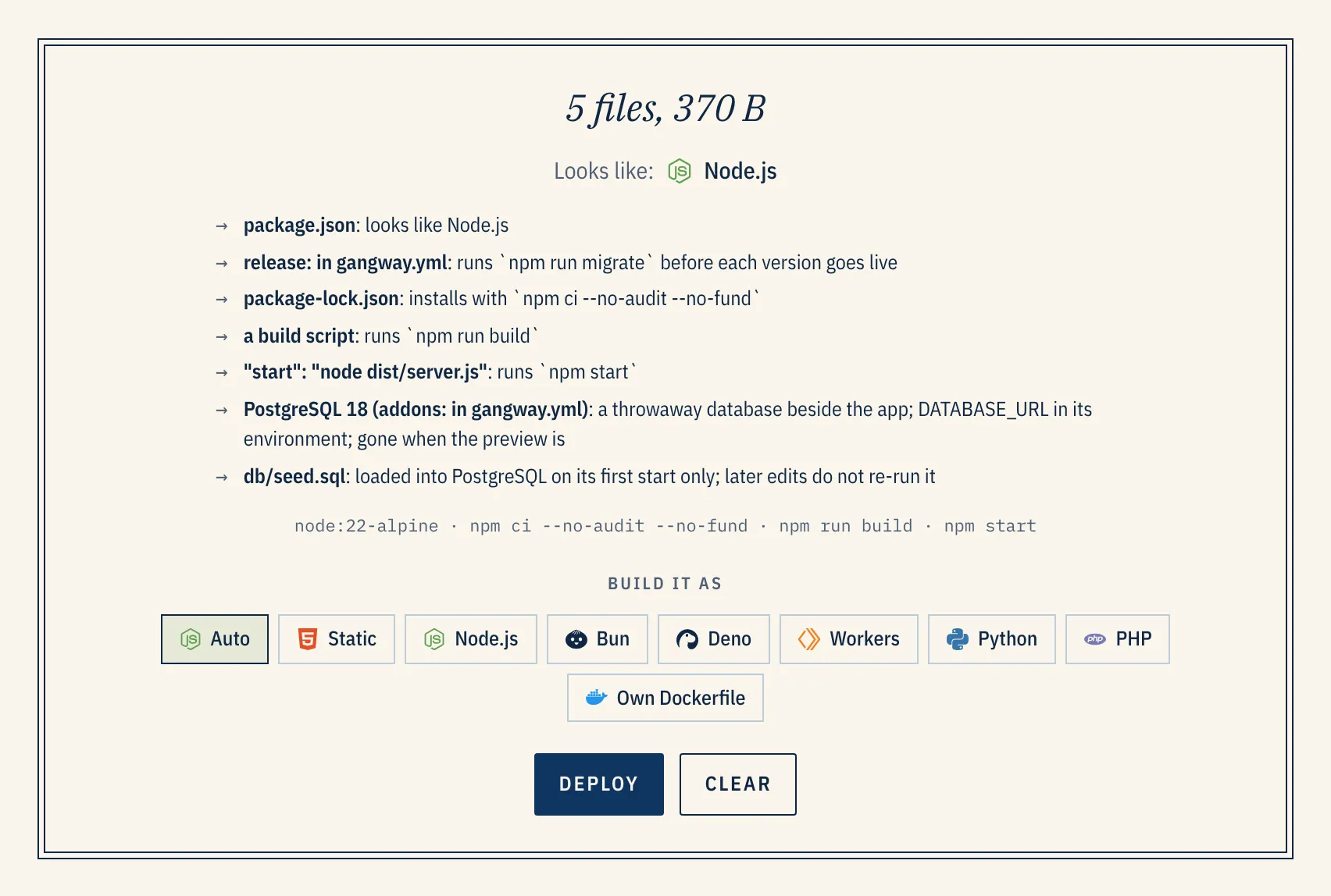 The plan for a dropped Node.js app, one line per decision and the file that made it, with a Build it as choice and Deploy and Clear buttons.