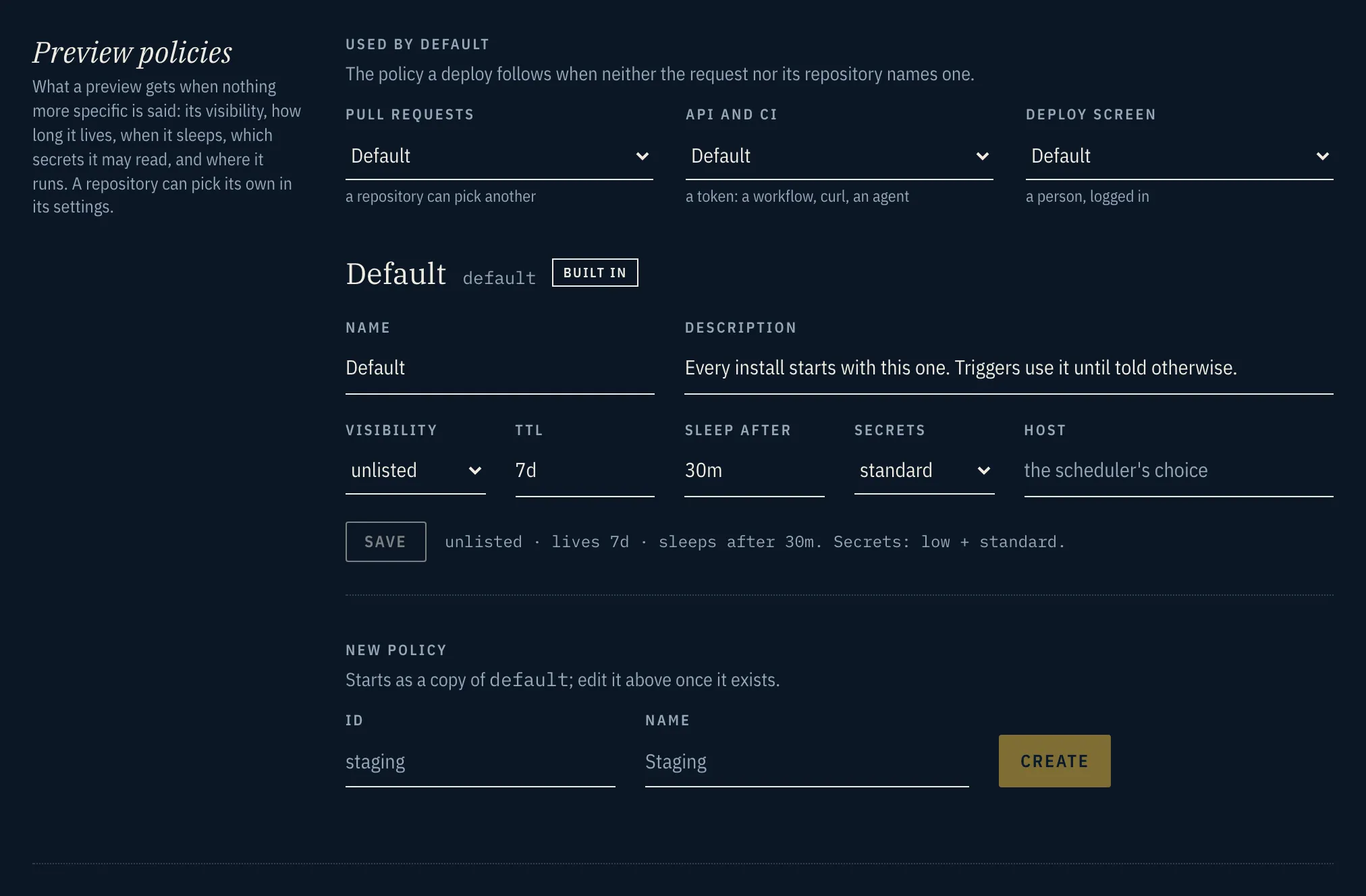 Preview policies in Admin: the default policy for pull requests, API and CI, and the deploy screen, and the Default policy's visibility, TTL, sleep-after, secrets and host.