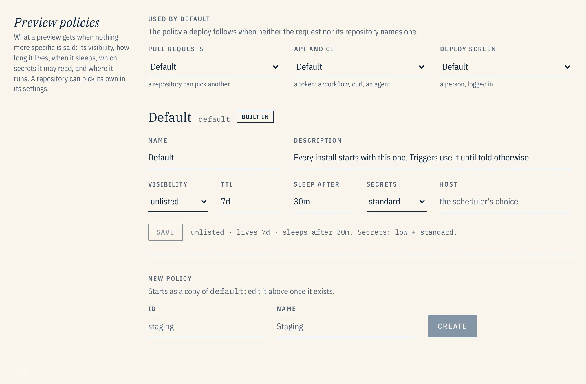 Preview policies in Admin: the default policy for pull requests, API and CI, and the deploy screen, and the Default policy's visibility, TTL, sleep-after, secrets and host.