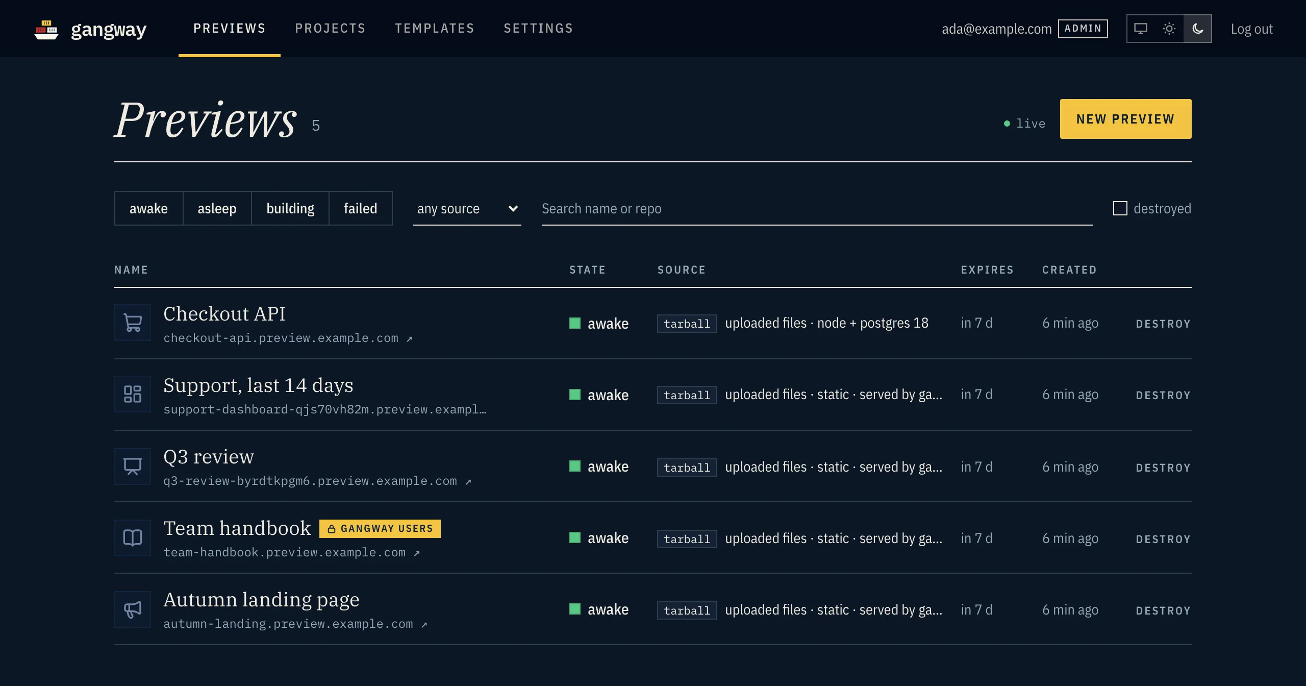 The Previews page: a list of previews with their state, source and URL.
