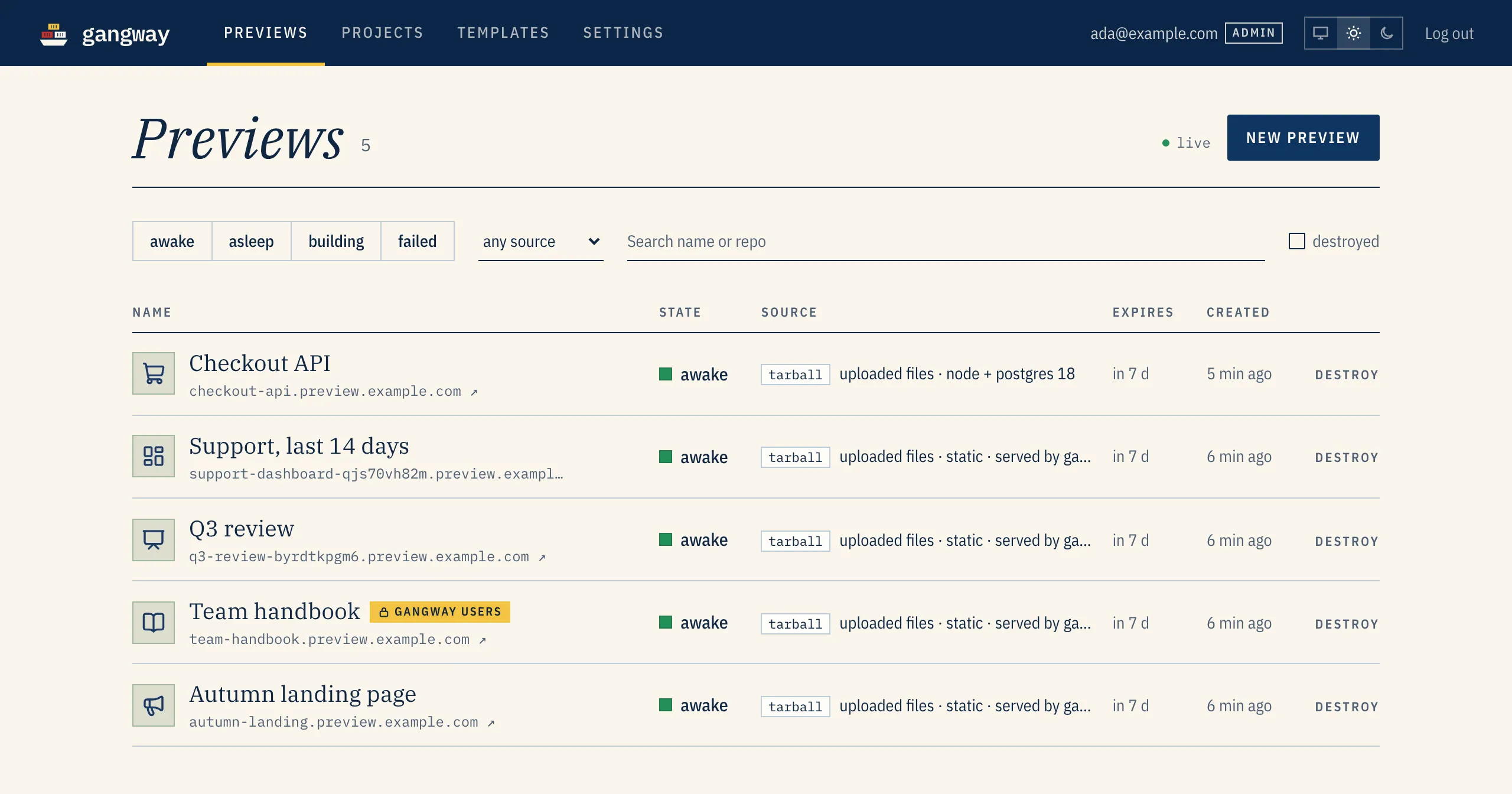 The Previews page: a list of previews with their state, source and URL.