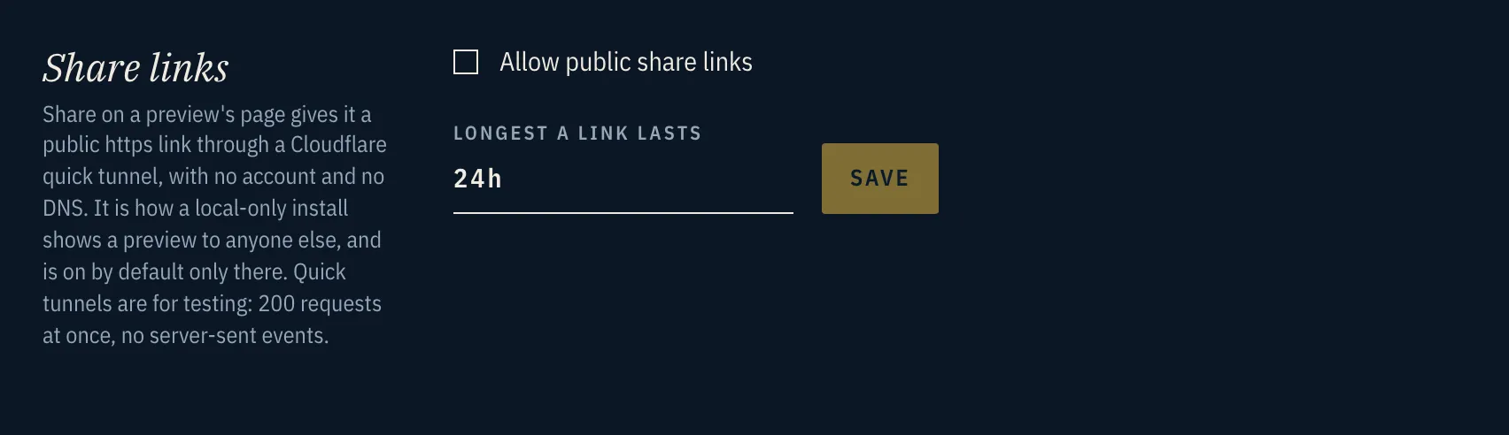 Share links in Admin → Domains & traffic: Allow public share links, and the longest a link lasts, 24h.