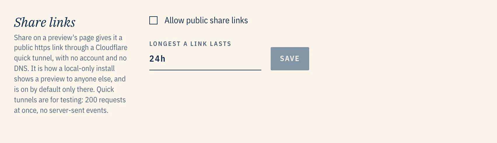 Share links in Admin → Domains & traffic: Allow public share links, and the longest a link lasts, 24h.