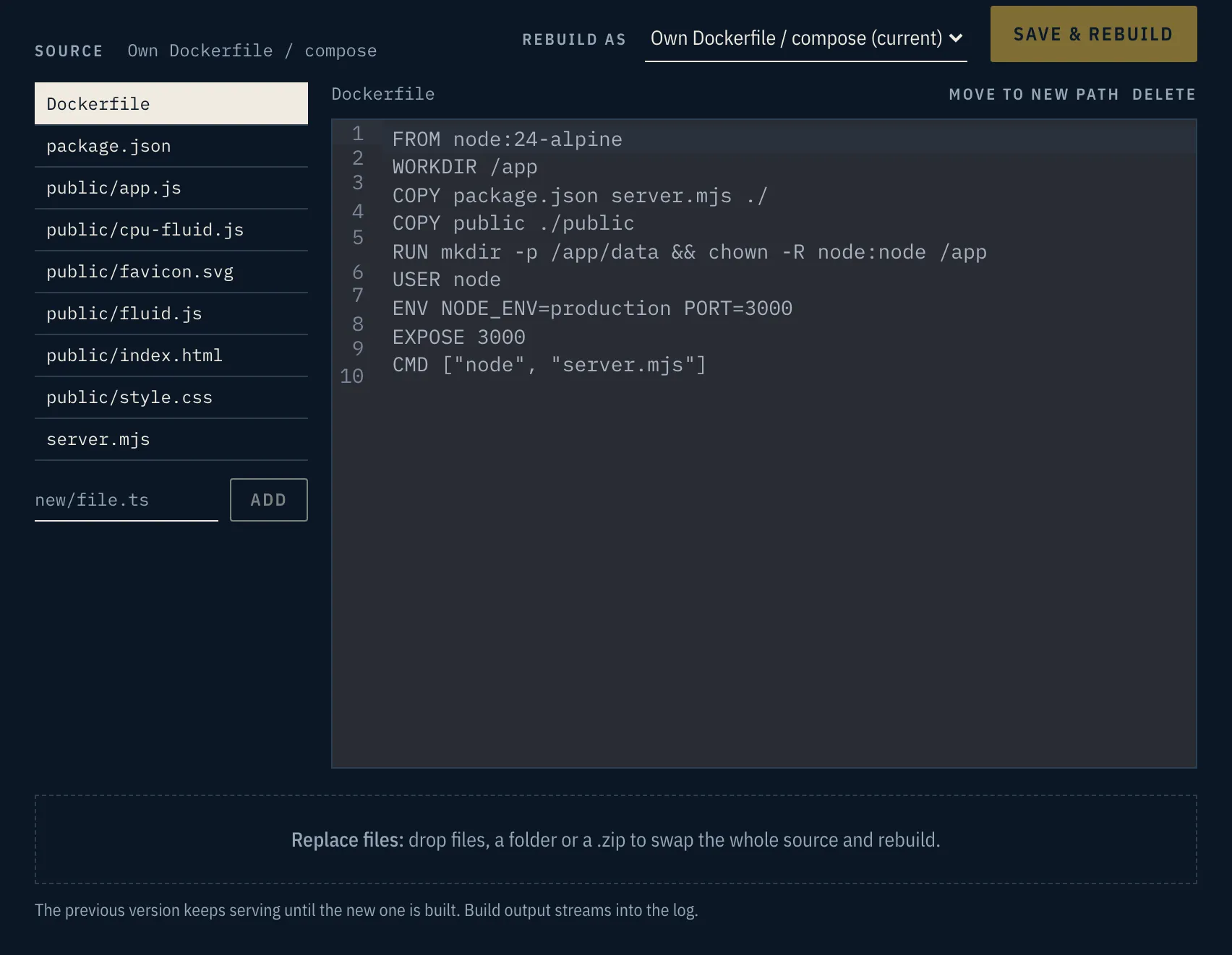 A preview's Source panel: the file list, the Dockerfile open in the editor, a Rebuild as choice and a Save & rebuild button.