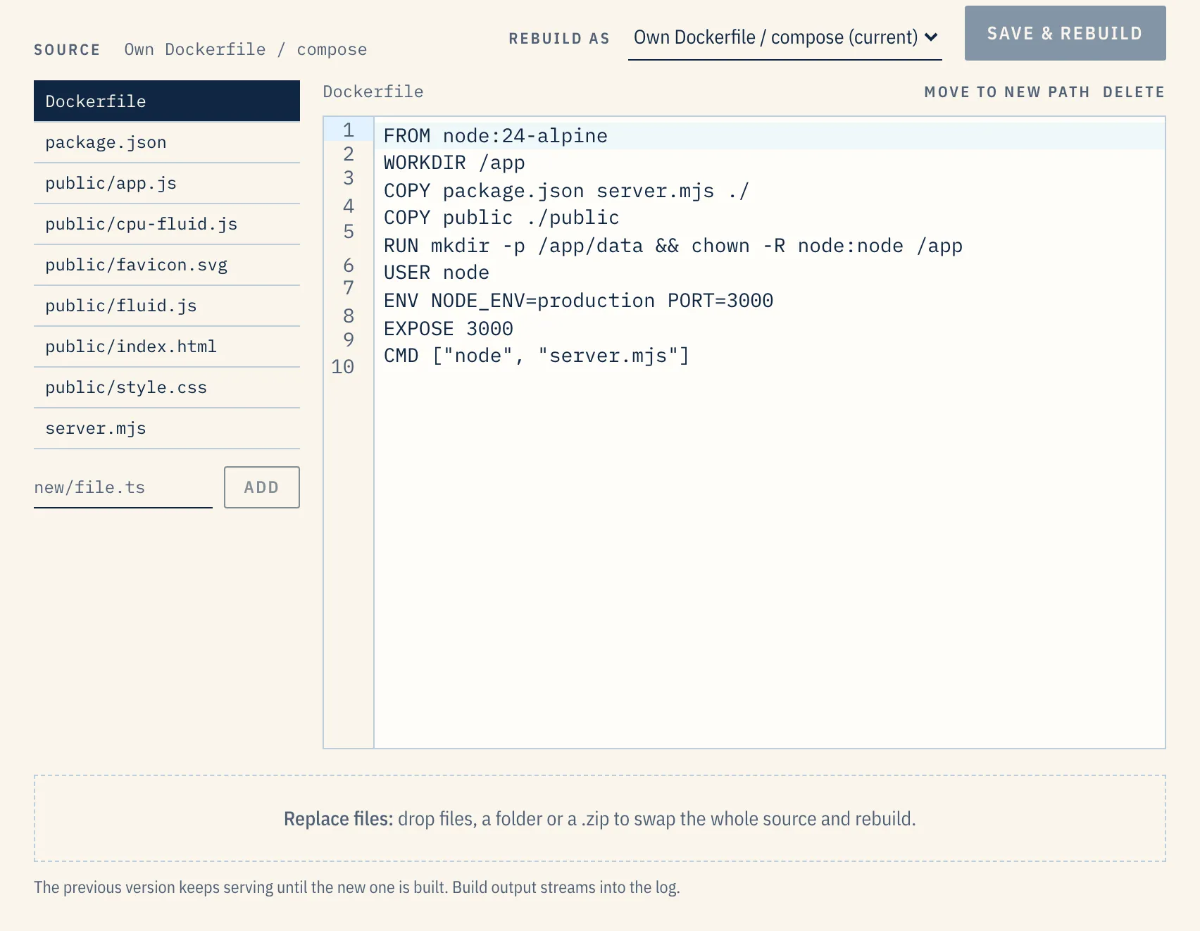 A preview's Source panel: the file list, the Dockerfile open in the editor, a Rebuild as choice and a Save & rebuild button.