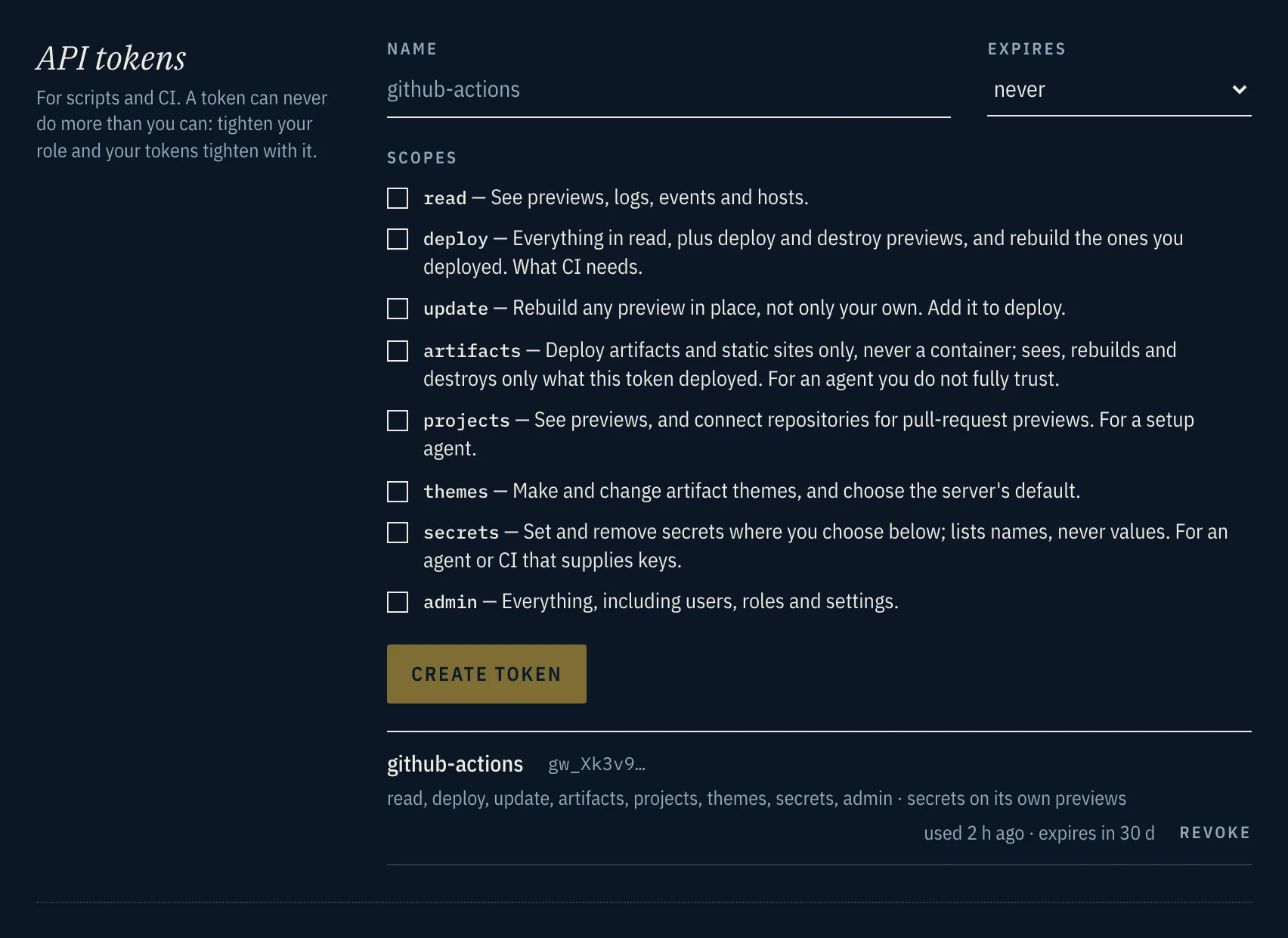 API tokens on the Account page: a name, an expiry, the scopes from read to admin, and a token in the list with its scopes and a Revoke button.