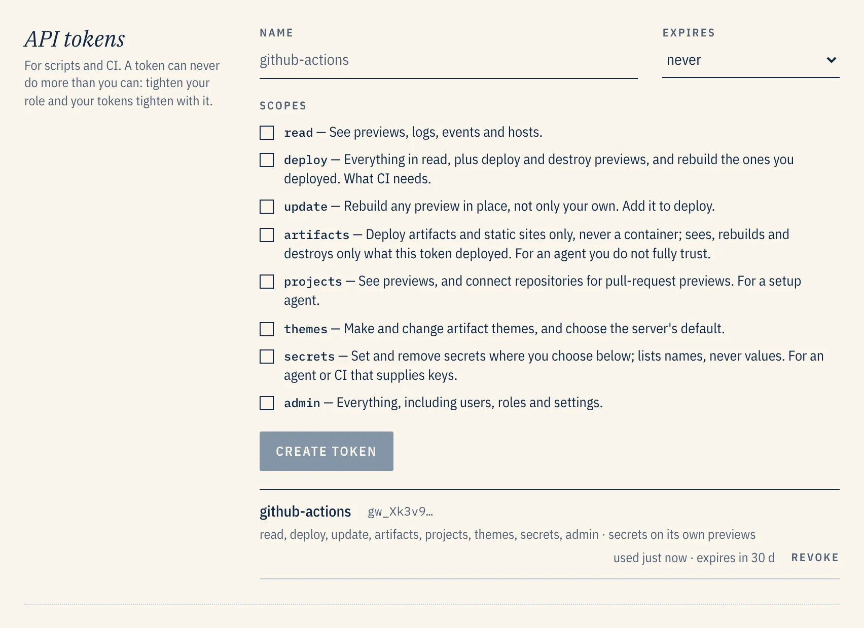 API tokens on the Account page: a name, an expiry, the scopes from read to admin, and a token in the list with its scopes and a Revoke button.
